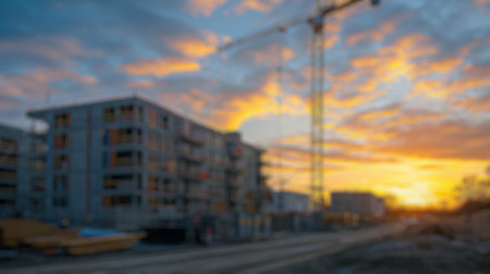 Blur background of new residential house under construction in a suburban area. Real estate development and home building concept. Design for real estate posters, banners. Construction site. Spate.の写真素材