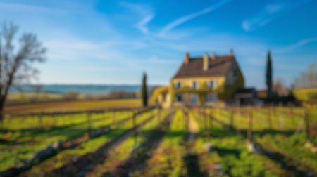 Blur background of vibrant vineyard landscape at sunset with colorful sky. Landscape painting....