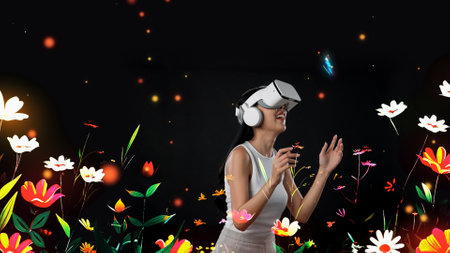 Beautiful Asian woman with VR to metaverse interacting virtual neon flowers pointing while talking...