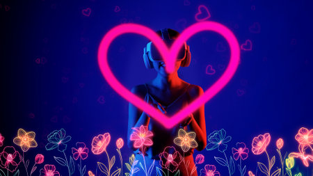 Beautiful Asian woman in VR to metaverse interacting virtual neon flowers drawing lighting pink heart with fingers blossom blue background 3D pollen graphic floating garden world. Hallucination.の写真素材
