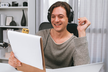 Host channel in smart broadcaster with talking show on live social media streaming with script note...