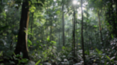 Blur background of sunlight filtering through a dense green forest, highlighting the tranquility and...