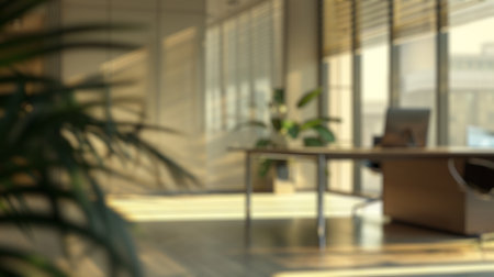 Blur background of contemporary office setting with blurred background. Workplace decorate with plant and surrounded with skyscraper. Workplace and greenery concept. Design for poster, banner. Spate.の写真素材