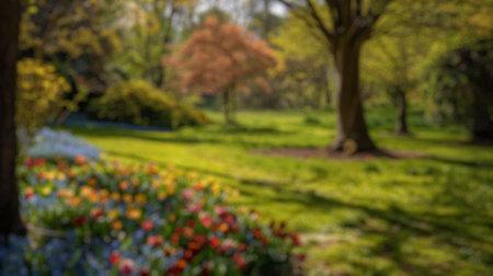 Blur background of countryside landscape in spring season with lawn and blue sky. Park surrounded with green field and blooming flower. Peaceful nature and outdoor relaxation concept. Spate.の写真素材