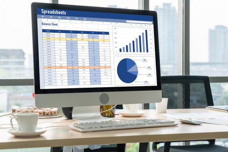 Spreadsheet document information financial startup concept. data and graphs in spreadsheet documents...