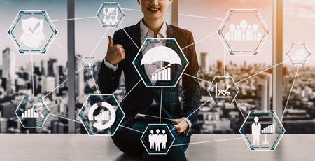 Risk Management and Assessment for Business Investment Concept. Modern interface showing symbols of strategy in risky plan analysis to control unpredictable loss and build financial safety. udsの写真素材
