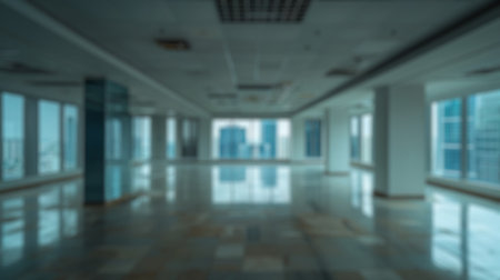 Blur background of camera on tripod in modern office or workplace with cityscape or skyscraper view....