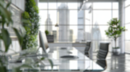 Blur background of contemporary office space with city view and ample sunlight. Modern workplace...