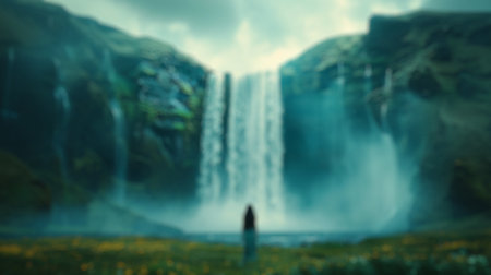 Blur background of mystical waterfall with sunlight piercing through lush greenery. Nature and green...