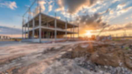 Blur background of new residential house under construction in a suburban area. Real estate development and home building concept. Design for real estate posters, banners. Construction site. Spate.の写真素材