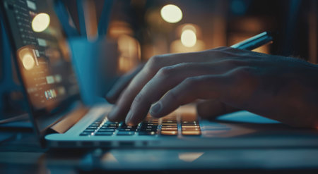 Person is editing video on a laptop in a colorful and vibrant setting, with a focus on their hands and the screen AIG59の写真素材