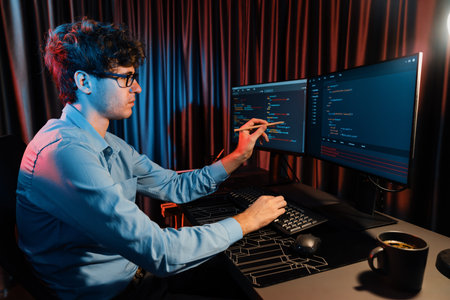 IT developer pointing online software development information coding on pc screen at side view, working on design new program for latest version application on website at neon modern office. Gusher.の写真素材