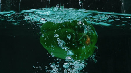 Close up of a fresh green bell pepper floating in water. The pepper is round with a green stem at...