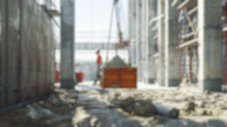 Blur background of smart civil engineer looking at crane lifting material at construction site....