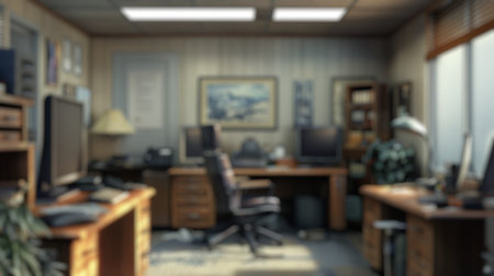 Blur background of executive office with wooden furniture and large window with city view. Executive...