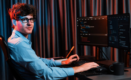 Profile of smiling IT developer sitting against software development information on screen, looking at camera surrounded by creating program coding for latest version application on website. Gusher.の写真素材