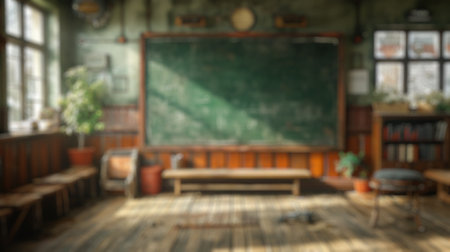 Blur background of interior design of empty classroom with blackboard. Empty classroom with desk, chair and blackboard at school. No people. Cartoon style. Education concept. Back to school. Spate.の写真素材