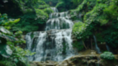 Blur background of tropical waterfall oasis surrounded by dense foliage. Digital art of water fall surrounded with tree with sun ray shine. Exotic travel and nature concept. Design for poster. Spate.の写真素材