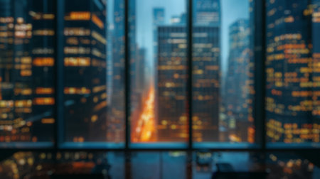 Blur background of digital art of window of city urban skyline with glowing lights in night time. Future city and technology concept. Modern office. Design for poster, futuristic presentation. Spate.の写真素材
