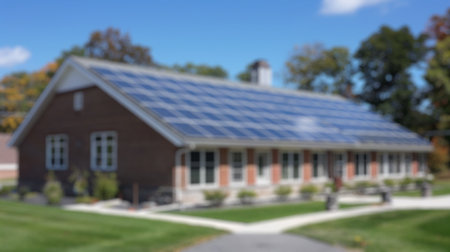 Blur background of suburban house with solar panels on the roof, surrounded by greenery and trees....