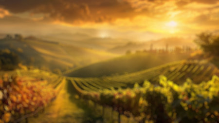 Blur background of vineyard rows in bright sunlight, nestled between hills and trees. Sunlit agricultural landscape. Wine country and sustainable farming concept. Design for banner, poster. Spate.の写真素材