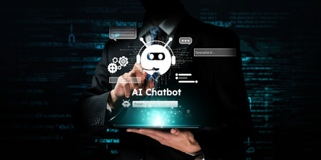 Human interact with AI artificial intelligence virtual assistant chatbot in concept of AI artificial intelligence prompt engineering, LLM AI deep learning to use generative AI for work support. FaaSの写真素材