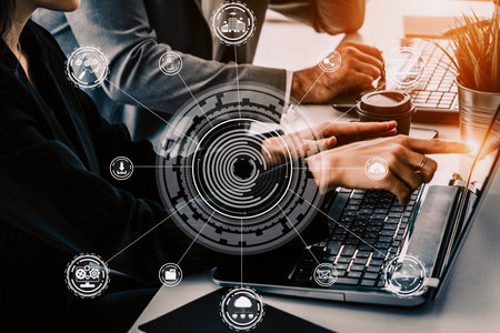 Internet of Things and Communication Technology Concept - Modern graphic interface showing smart information and digital lifestyle in application software for home and business use. udsの写真素材