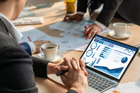 Business data dashboard provide business intelligence analytic for marketing strategy planning snugly with big data set to analyze customer demands and foreseeing business futureの写真素材