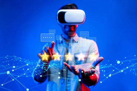 Business person analyzes customer experience satisfaction review data, striving to improve service...
