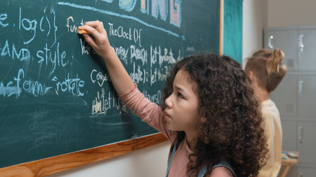 American student studying coding engineering prompt while writing answer on blackboard. Intelligence...