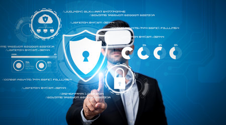 Caucasian project manager wearing VR glasses while look at hologram of security system. Smart...