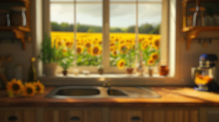Blur background of natural light indoor photo. Wooden vintage window in the kitchen open with sunflower blooming in the garden. Home gardening and summer morning concept. Design for wallpaper. Spate.の写真素材