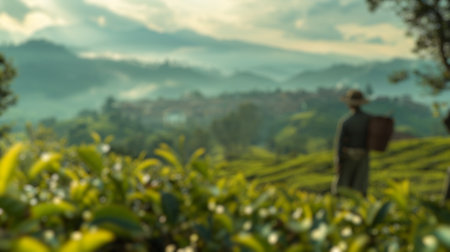 Blur background of tea picker overlooking a misty tea plantation landscape at sunrise. Lifestyle and rural landscape photography. Sustainable farming and travel concept. Design for poster. Spate.の写真素材
