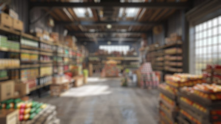 Blur background of abandoned storage or warehouse with box with name tag scatter on shelves. Interior photography with focus on decay. Historical preservation and urban exploration concept. Spate.の写真素材