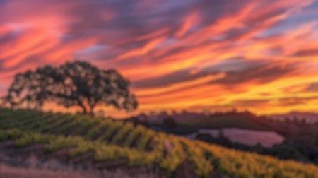 Blur background of vineyard at sunset with vibrant grapevine and rolling hill in evening sky. Agricultural and landscape photography. Wine country concept. Design for travel brochure, poster . Spate.の写真素材