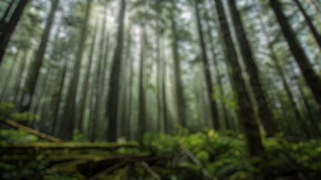Blur background of sunlight filtering through a dense green forest, highlighting the tranquility and natural beauty. Peaceful woodland scene. Design for environmental conservation themes. Spate.の写真素材