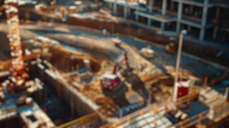Blur background of new residential house under construction in a suburban area. Real estate development and home building concept. Design for real estate posters, banners. Construction site. Spate.の写真素材