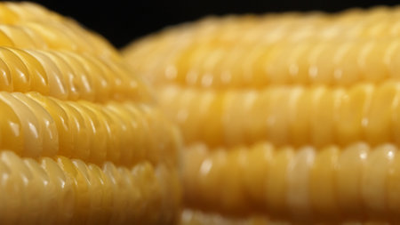 A close up view of fresh corn reveals a golden yellow kernel with against a black background. This plump and nutrient-rich gem boasts a glossy sheen, hinting at its sweet and buttery. Comestible.の写真素材
