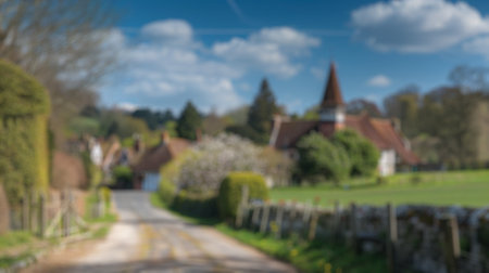 Blur background of countryside landscape in spring season with lawn and blue sky. Park surrounded with green field and blooming flower. Peaceful nature and outdoor relaxation concept. Spate.の写真素材