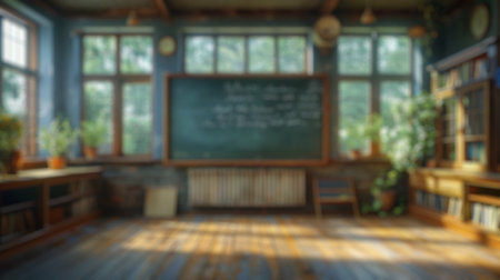 Blur background of interior design of empty classroom with blackboard. Empty classroom with desk, chair and blackboard at school. No people. Cartoon style. Education concept. Back to school. Spate.の写真素材