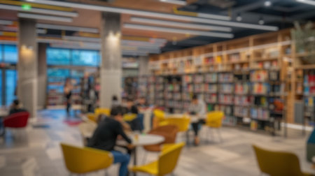 Blur background of circular library with wooden shelves and ambient lighting. Architectural interior...