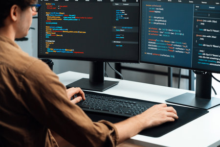 IT developer working online software development on pc monitors at modern home office on coding application screens, creating updated latest program firmware information version concept. Gusher.の写真素材