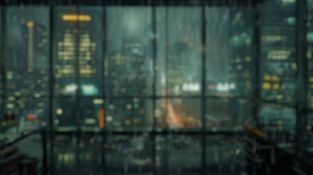 Blur background of digital art of window of city urban skyline with glowing lights in night time. Future city and technology concept. Modern office. Design for poster, futuristic presentation. Spate.の写真素材