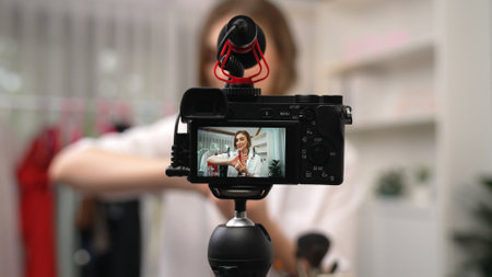 Woman influencer shoot live streaming vlog video review makeup prim social media or blog. Happy young girl with cosmetics studio lighting for marketing recording session broadcasting online.の写真素材
