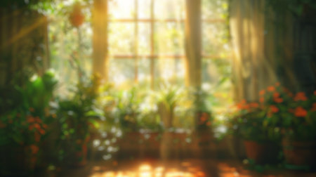 Blur background of natural light shine though window in spring season with tree and flower plant in...