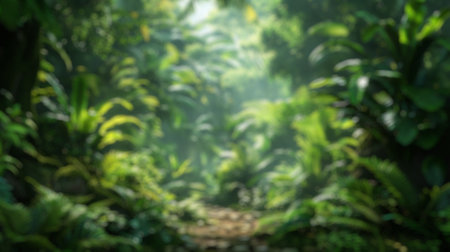 Blur background of white sunlight filtering through the mist and foliage of a dense green tropical jungle. Magical and ethereal nature scene. Realistic 3D render for experience. Poster design. Spate.の写真素材