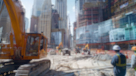 Blur background of civil engineer looking at construction site or building structure and surrounded with worker and machine. Project manager wearing safety helmet at urban city and skyscraper. Spate.の写真素材