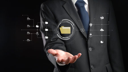 Business person managing online documents folders for efficient work processes. Ensure secure and...
