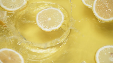 Close up of fresh lemon slices water splashing on separated yellow background. Macrography of citrus fruit dropping with splashing and spilling water with floating sliced lemon. Freshness. Pabulum.の写真素材