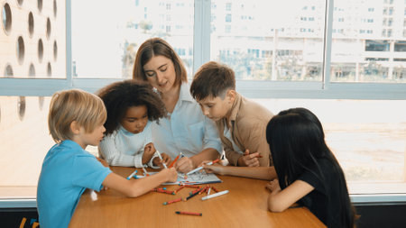 Professional caucasian teacher telling story to diverse student while sitting at table with...